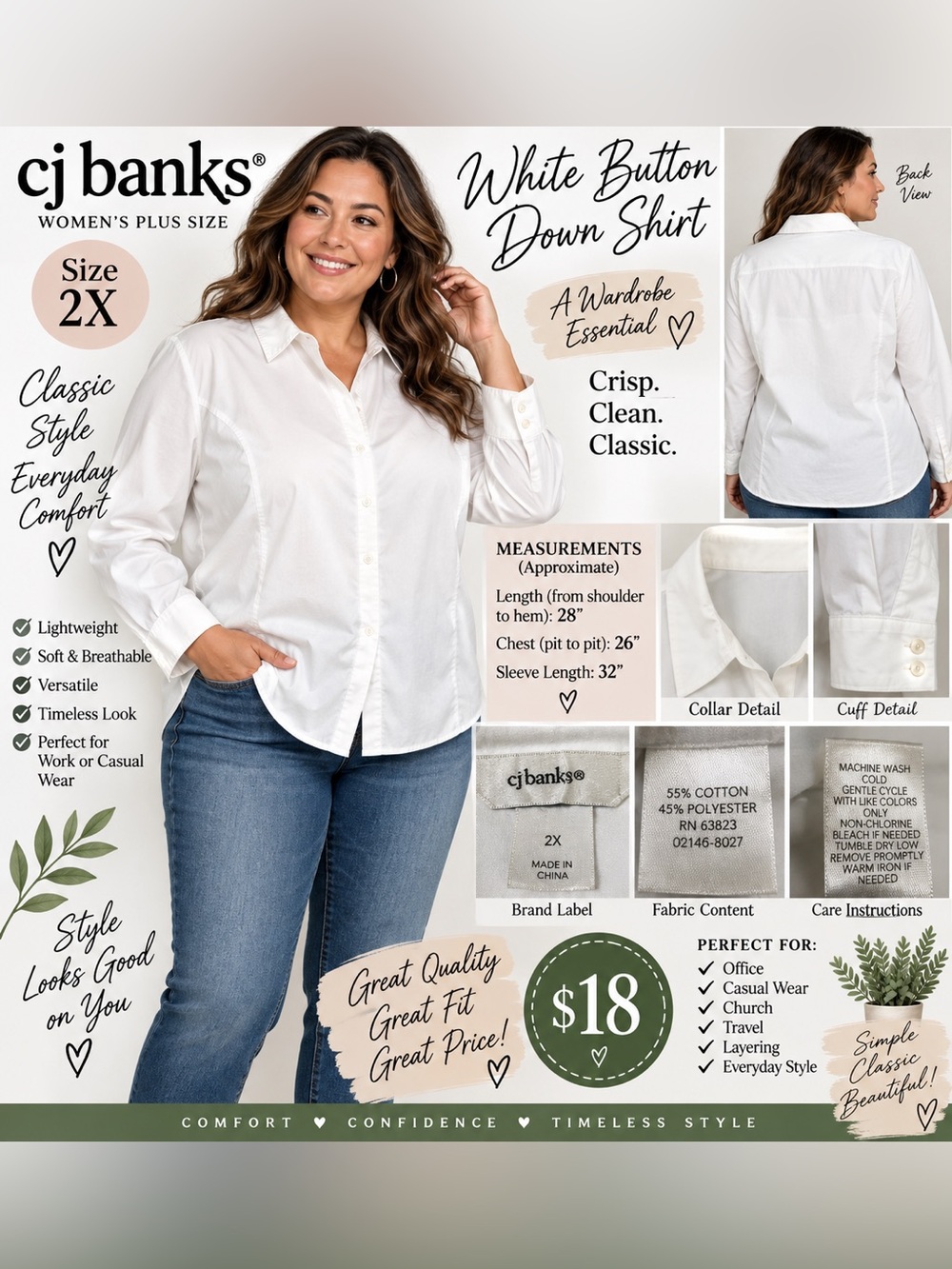 CJ Banks White Button-Down Shirt - Classic Collared Top